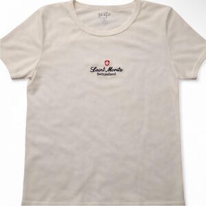 Rare Brandy Melville “Saint Moritz Switzerland” Embroidered Cream Tee Shirt